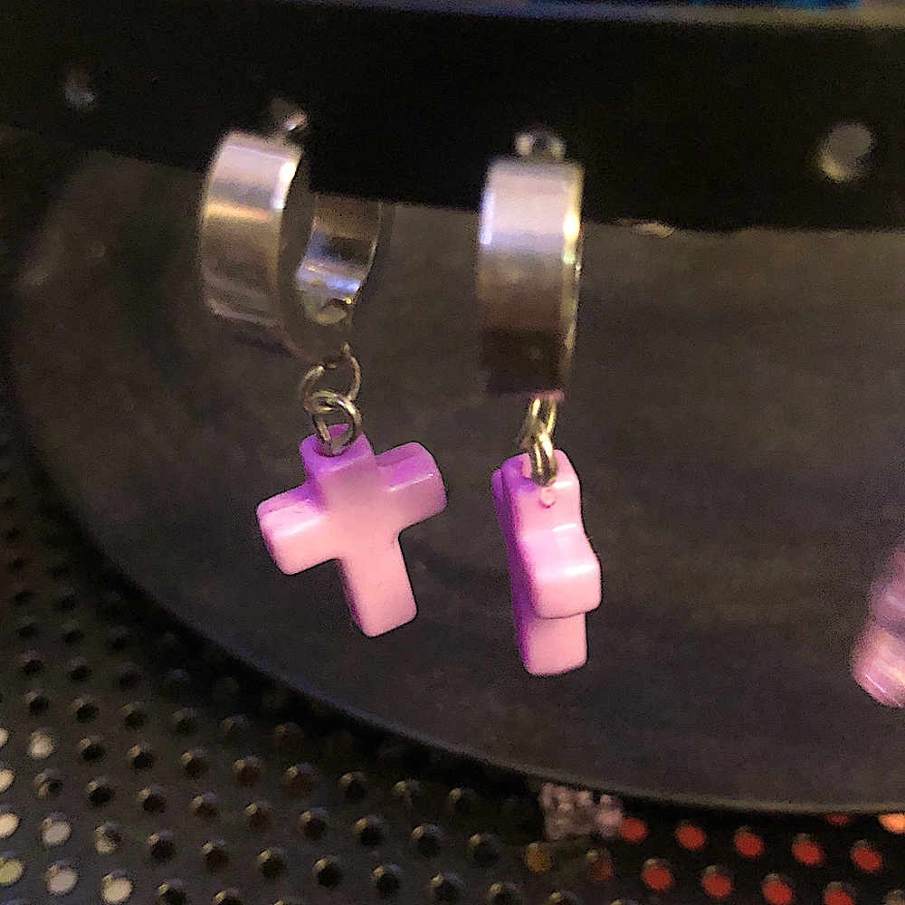 Purple Cross Drop Earrings